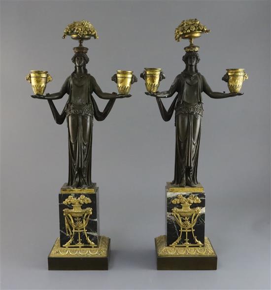 A pair of 19th century French classical revival bronze and ormolu candelabra, height 19in.